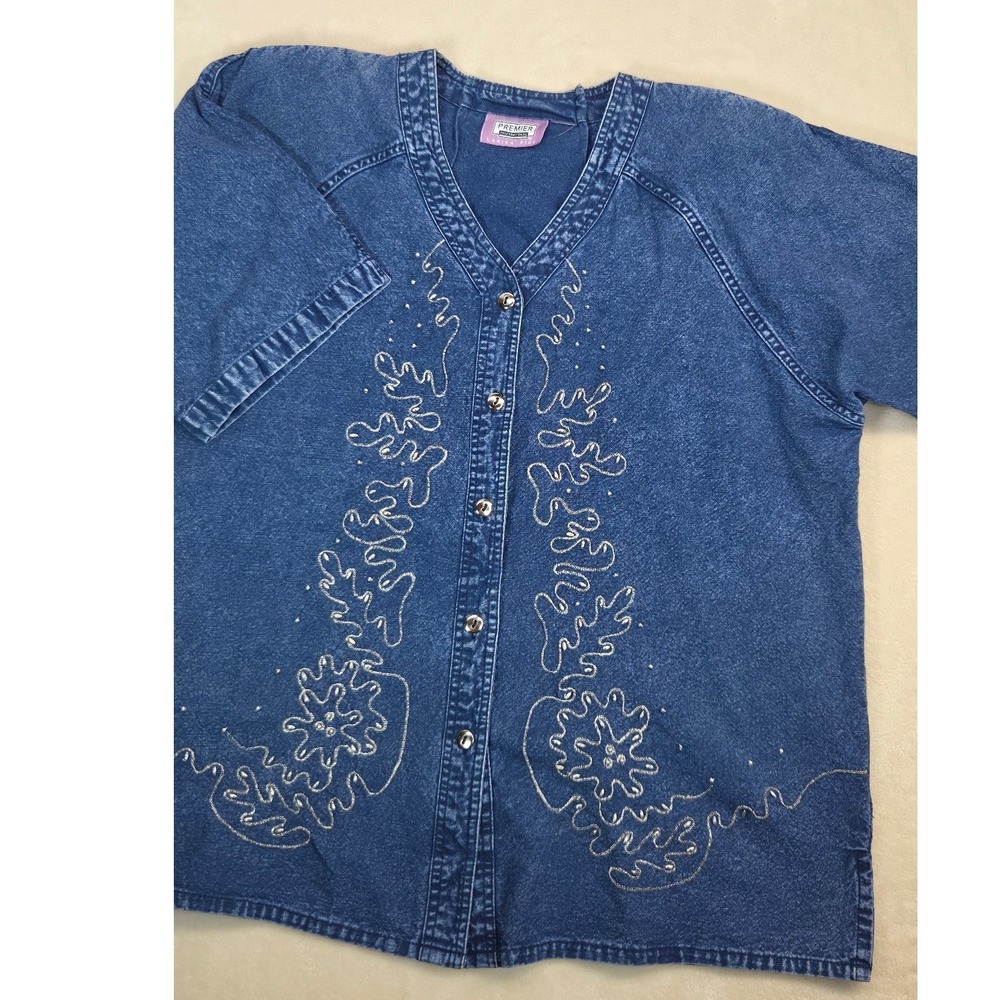 White Stag Denim Shirt Womens L Blue Excellent Embroidered Studded Western 90s